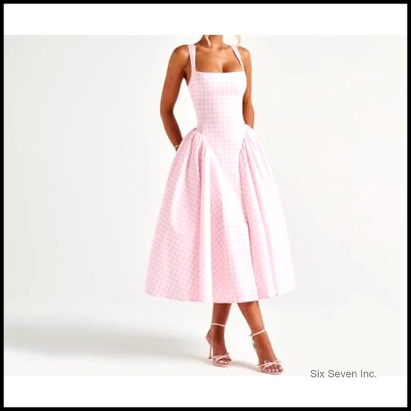 Long Gingham Corset Sundress Square Neck Lace Up Backless A Line Casual - Picture 5 of 7